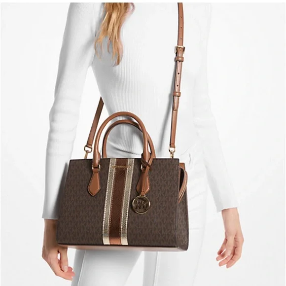 Michael Kors Sheila Medium Signature Logo and Metallic Satchel Crossbody ZC NWT - Picture 2 of 16